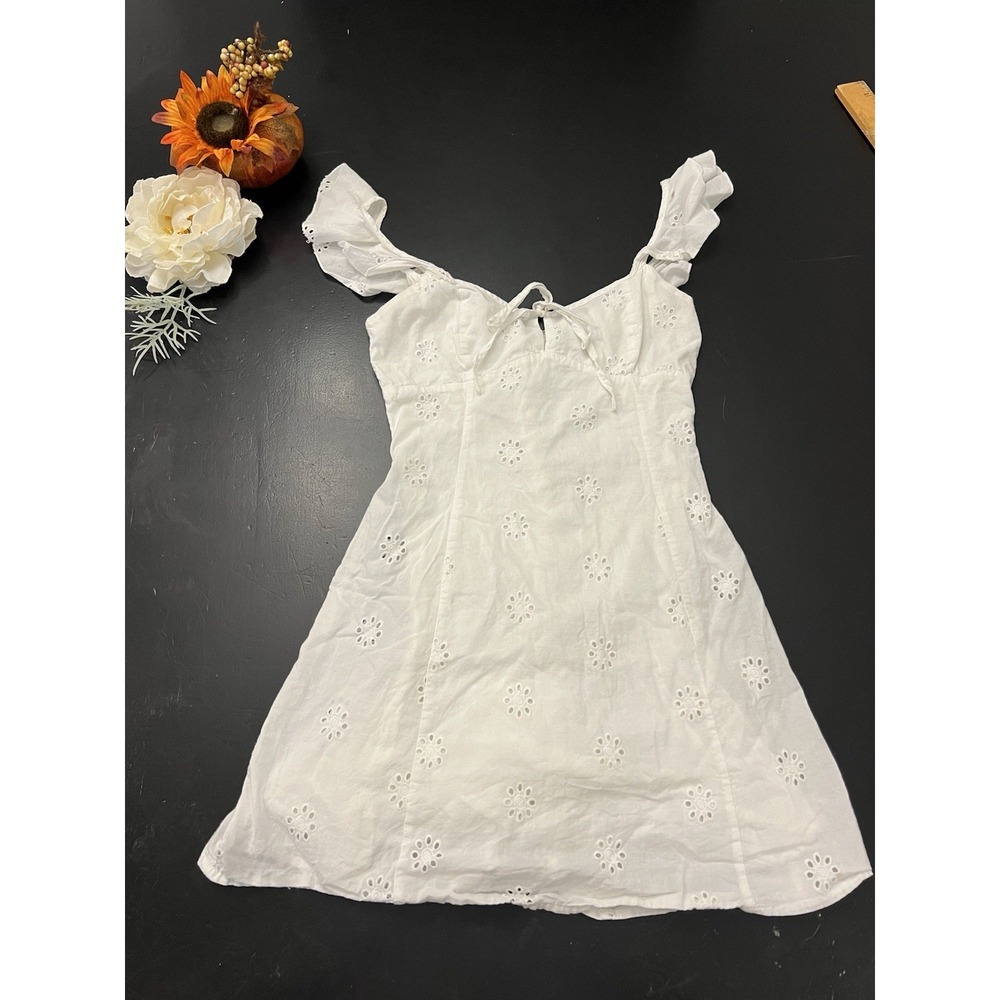 Princess Polly White Eyelet Organic Cotton Coastal girly Mini Dress XS As Is